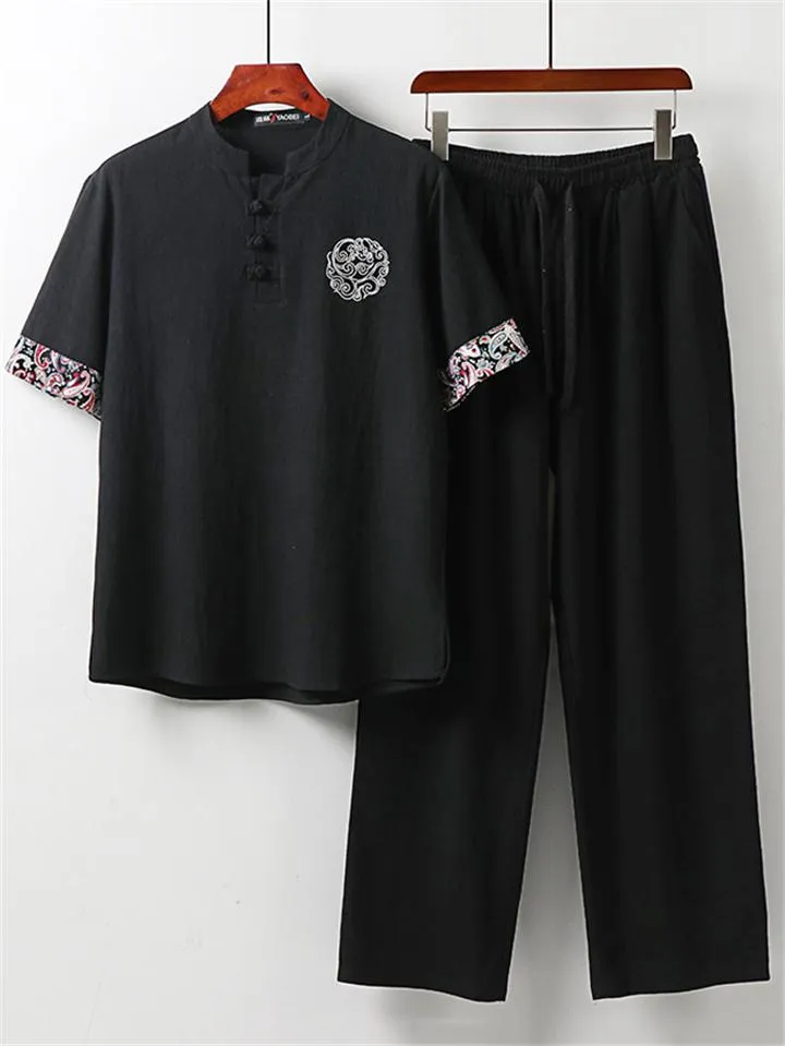 Ethnic Style Linen Outfit Retro Button Short Sleeve T-Shirt   Drawstring Full Length Pants