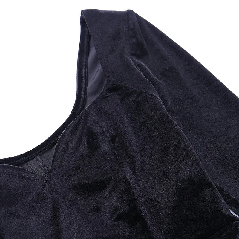 Square Collar Velvet Gloves Party Bodycon Midi Dresses